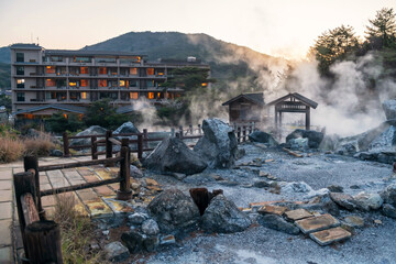 Mount Unzen Hell valley Jigoku hot springs and hotel at sunset, Nagasaki