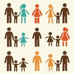 Diverse family structures illustrated through colorful stick figure icons, showcasing various relationship compositions and parental combinations.