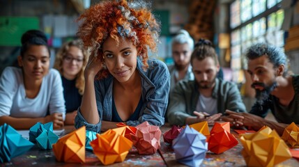 Obraz premium Modern Business Collaboration: Diverse Colleagues in Origami-Style Meeting Discussing Ideas and Strategies