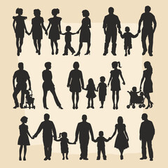 Diverse silhouettes of families and individuals showcase various relationships and life stages against a textured beige background.
