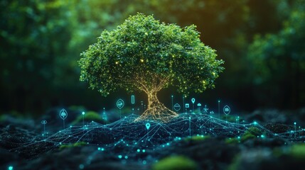 Innovative Digital Tree with Data Network in Nature Representing Technology Integration and Sustainable Growth