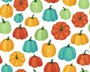 Autumn seamless pattern with pumpkins. Orange, yellow, green and blue pumpkin and squash. October, fall, harvest time. Autumn vegetables. White background.	