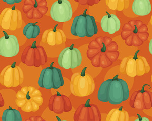 Autumn seamless pattern with pumpkins. Orange, yellow and green pumpkin and squash. October, fall, harvest time. Autumn vegetables. Orange background.	