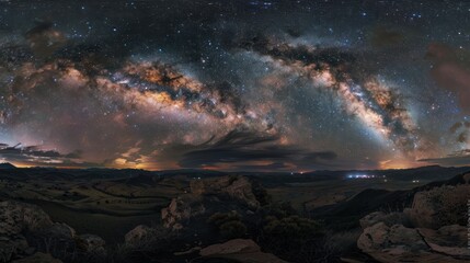 Fototapeta premium Milky Way Arcing Over Rolling Hills and a Rocky Outcrop at Night