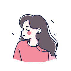 Obraz premium Cartoon illustration of a young woman with long brown hair and rosy cheeks, eyes closed in a pensive expression, wearing a coral top.