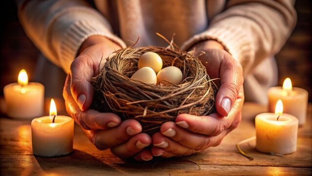 Warmth compassionate hands cradling a bird's nest with eggs surrounded candles soft focus shallow depth evoking hope
