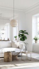 Bright scandinavian living room  open concept with minimalist design and wooden accents