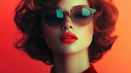 Obraz premium Retro Portrait of Stylish Woman Wearing Sunglasses with Bold Red Lips and Curly Hair