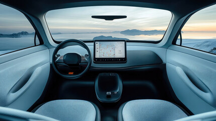 Fototapeta premium Futuristic Self-Driving Car Interior with Ocean View Through Windshield