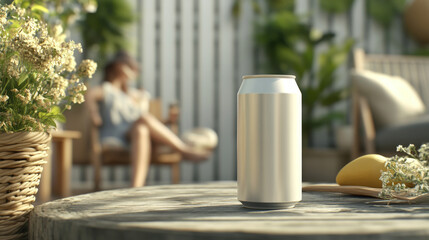 A can of soda sits on a table next to a vase of flowers. The scene is set in a backyard, with a person sitting in a chair nearby. Scene is relaxed and leisurely