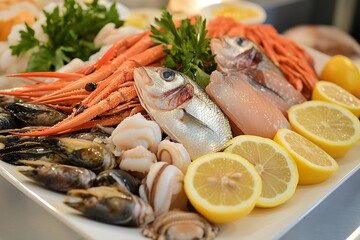 Traditional Italian seafood platter featuring a variety of fresh fish, shellfish, and lemon slices