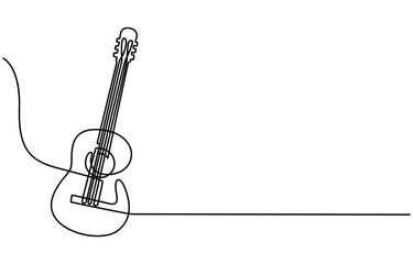 One continuous single line of classic guitar isolated on white background, Continuous line drawing of a man playing guitar musician. Minimalist style vector illustration, One line drawing of classic