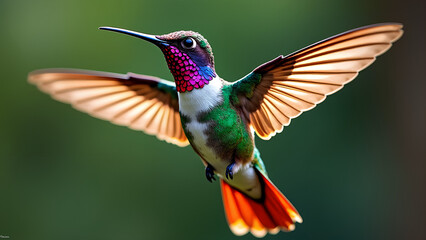 The hummingbird has snake scale patterns and rainbow feathers shaped like a robot