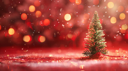Obraz premium A small Christmas tree is sitting on a red background. The tree is surrounded by snow and the background is lit up with bright lights. The image conveys a festive and joyful mood