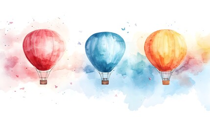 Obraz premium Bright and cheerful hot air balloon festival in the sky, painted in soft watercolors, ideal for a child's room, filled with vibrant colors and dreamy vibes