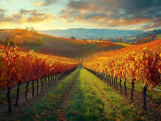 Autumn Vineyard Landscape - Beautiful Golden Leaves in Rows of Vines
