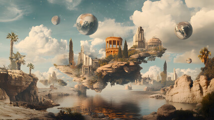 Naklejka premium Alien city skyline at sunset with UFOs and futuristic buildings silhouetted against the sky