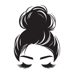 Messy hair bun, vector woman silhouette. Beautiful girl drawing illustration