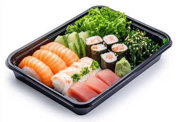 bento box featuring sushi, sashimi, and seaweed salad