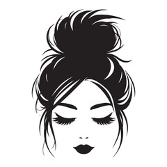Messy hair bun, vector woman silhouette. Beautiful girl drawing illustration