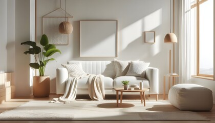 Bright minimalist living room with a cozy white textured sofa and pillows, wooden side table, natural sunlight