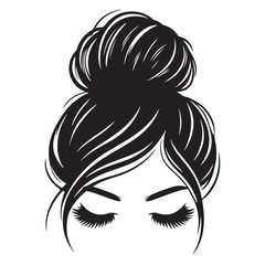 Messy hair bun, vector woman silhouette. Beautiful girl drawing illustration