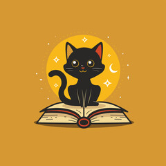 Enchanting illustration of a black cat perched on an open book against a magical yellow moon, stars twinkling in the background.