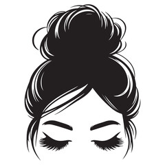 Messy hair bun, vector woman silhouette. Beautiful girl drawing illustration