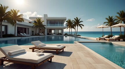 A beautiful view of the ocean with two white beach chairs and two white towels. generative.ai