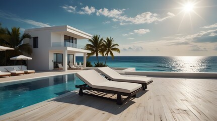 A beautiful view of the ocean with two white beach chairs and two white towels. generative.ai
