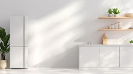 Fototapeta premium Modern kitchen design, featuring a sleek white refrigerator, minimalist cabinetry, open wooden shelves adorned with decorative items, and vibrant green plants for a fresh touch.