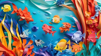 Joyful Paper Cutout Fishes in Vibrant Abstract Underwater Scene