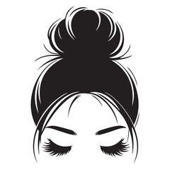 Messy hair bun, vector woman silhouette. Beautiful girl drawing illustration