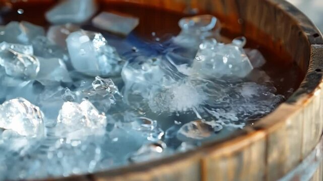 Wooden tub is filled with ice water, creating a revitalizing experience for cold therapy enthusiasts seeking its potential health benefits