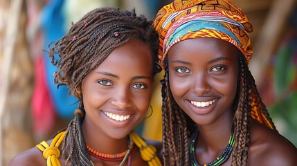Two smiling women with braided hair, wearing colorful accessories and traditional attire, posing together in a vibrant outdoor setting.