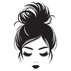 Messy hair bun, vector woman silhouette. Beautiful girl drawing illustration
