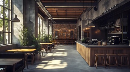 Industrial Chic Bar Interior Design with Brick Walls and Wooden Bar Counter - 3D Illustration