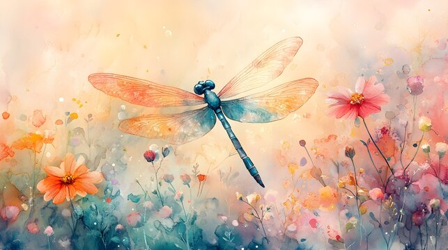 A magical dragonfly fluttering in a pastel fairy garden, watercolor painting, perfect for a child's room, filled with vibrant and dreamy colors