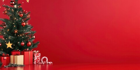 Christmas sale banner decorated Christmas tree with hanging ornament stars, twinkling lights, and wrapped gift box. Xmas greeting card, social banner