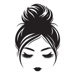 Messy hair bun, vector woman silhouette. Beautiful girl drawing illustration