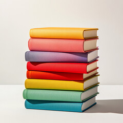A stack of books with different colors and sizes. The books are arranged in a pyramid shape, with the largest book at the bottom and the smallest one at the top