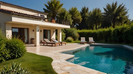 vacation, couple on the beach near swimming pool, luxury travel. Traditional mediterranean white architecture with arch sunshine. Summer vacation concept.Happy viewpoint and enjoys. generative.ai