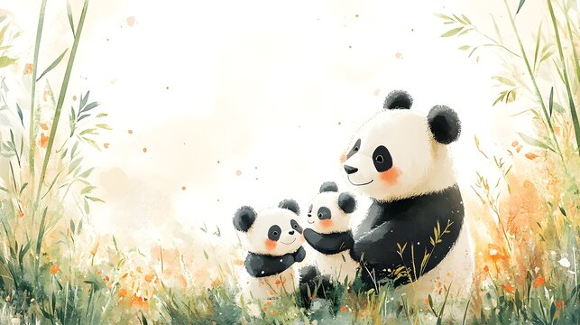 Enchanting watercolor painting of a panda family in a bamboo forest, with soft pastel colors, perfect for a child's room, blending nature with gentle joy
