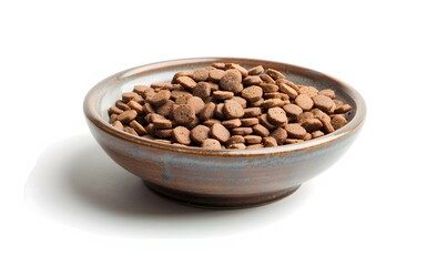 Dry dog food in a bowl on a white background. 