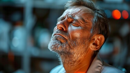 Fototapeta premium A middle-aged man with a beard, eyes closed, expressing deep emotion or contemplation. The background is blurred with soft lighting, creating a dramatic atmosphere.