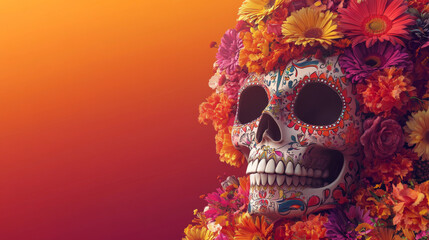 A skull is covered in flowers and is surrounded by a colorful background. The image has a festive and celebratory mood, likely representing a celebration of life or a tribute to the deceased