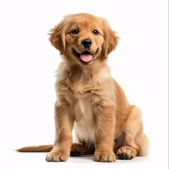 Cheerful Golden Retriever Puppy Sitting and Smiling on White Background