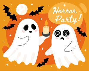 Obraz premium Halloween greeting card. Cute cartoon little ghosts, spirits. Cute ghost couple, cute ghosts with candle and zombie ghost, bats, full moon. Horror party. Orange background.