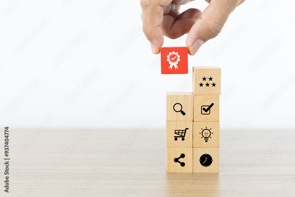 Aufkleber hand choose wooden block with customer service smile face icon for best excellent satisfaction surve