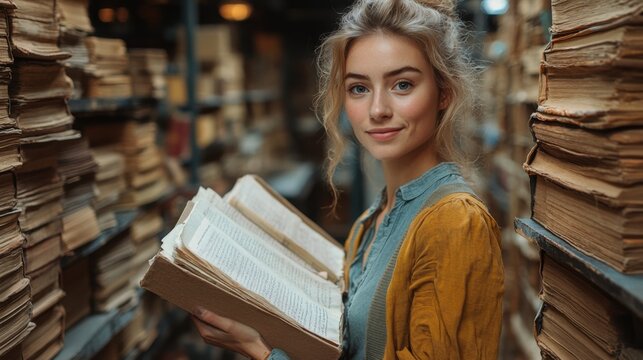 Young white female archivist preserving historical records in a well-organized archive room
